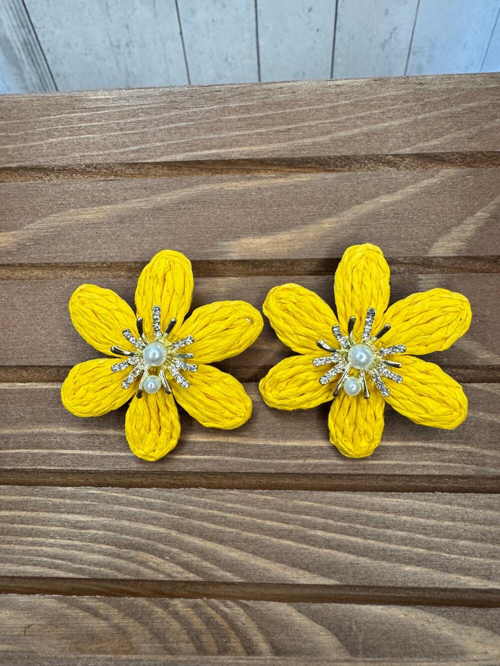 2 inch Raffia Yellow Flower Earrings Post Earrings Pearl Rhinestones